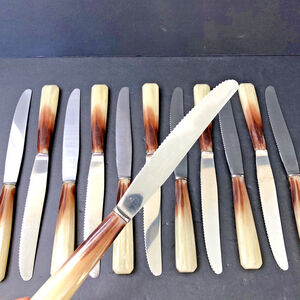 12 Vintage Butter Knives With Bakelite Handle 9” Serrated MCM Inoxydable France